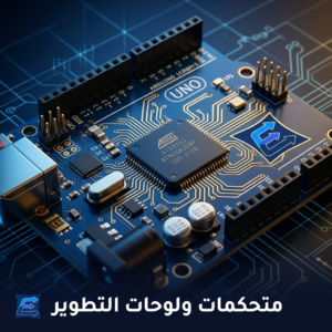متجر انتشار للالكترونيات: صورة مكبرة لـ لوحة أردوينو وألواح تطوير إلكترونية بلون أسود ودوائر ذهبية لتصنيف متحكمات ولوحات التطوير